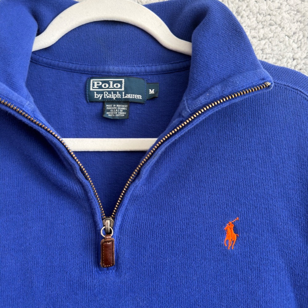 Polo Ralph Lauren Quarter Zip Sweater Mens M Royal Blue Cotton Knit Pony Logo